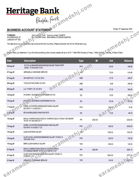 Heritage business bank statement Word and PDF format